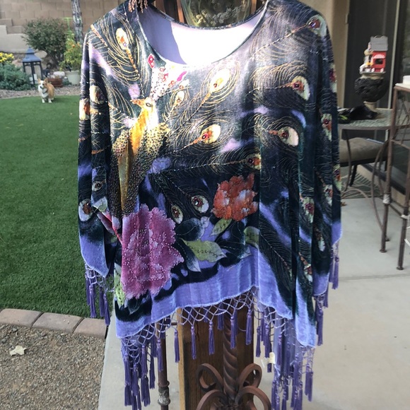 Tunic top, sequin peacock on front and sequin tassels on sleeves and bottom. - Picture 1 of 2